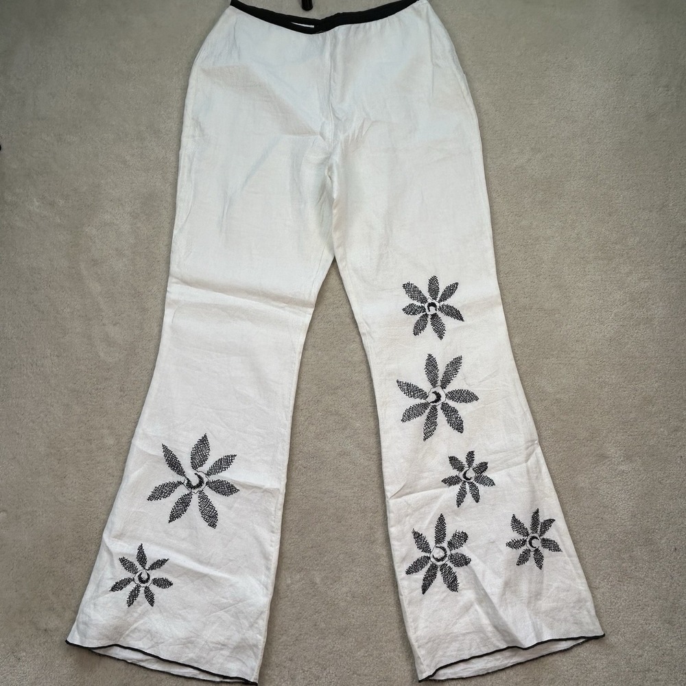 Willi Smith Womens 8 100% Linen Lined Trouser Pants Flare White Embroidered